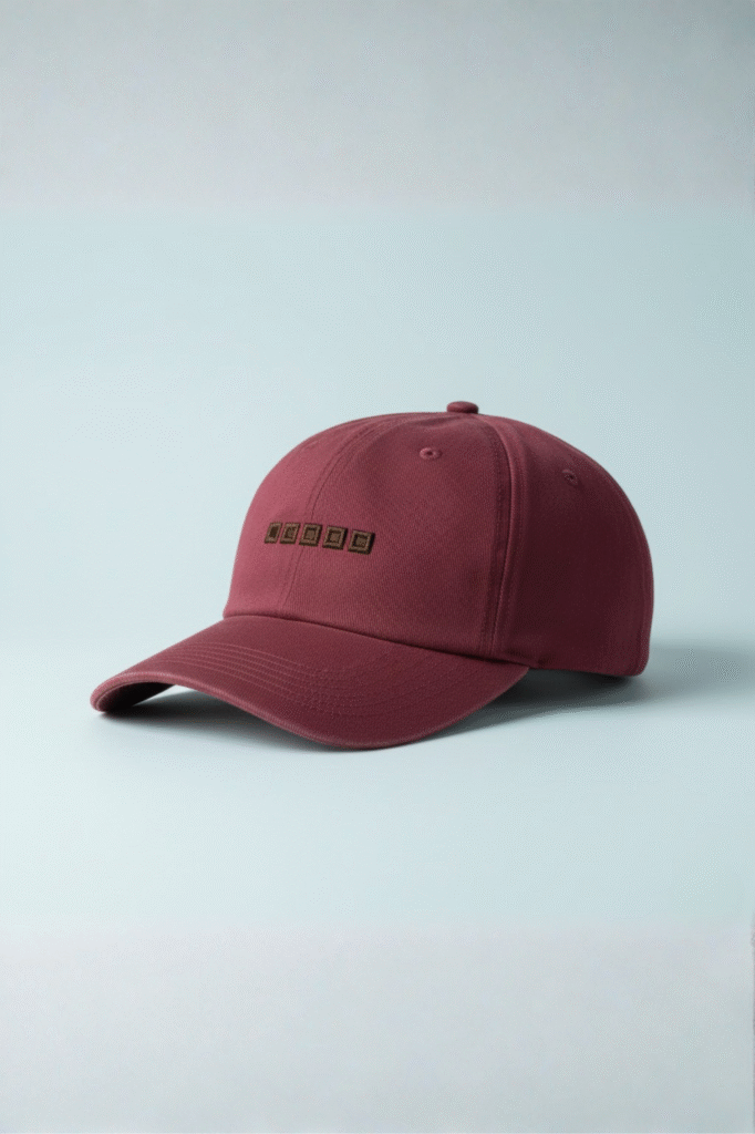 Maroon twill cap with maroon underbill and embroidered five-block motif on pale bluish background