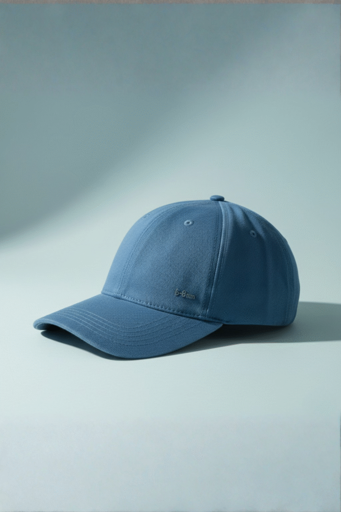 Oxford-blue cap with tiny slate-grey micro logo on pale bluish background