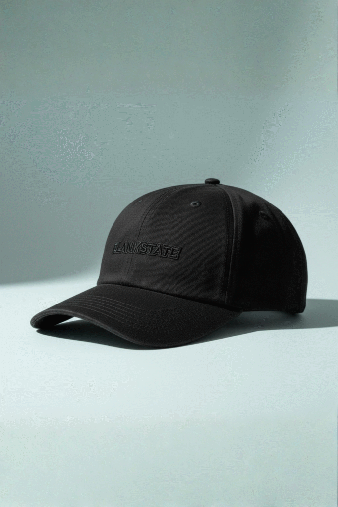 All-black cap with micro glossy outline stitch detail on pale bluish background