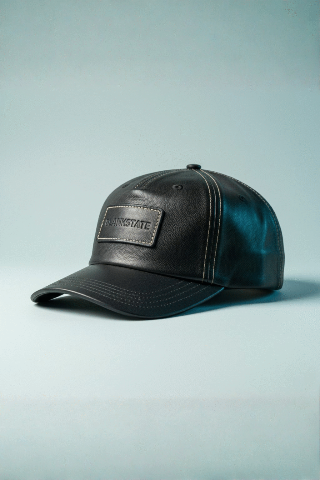 Black leather cap with debossed panel and cream topstitch on pale bluish background