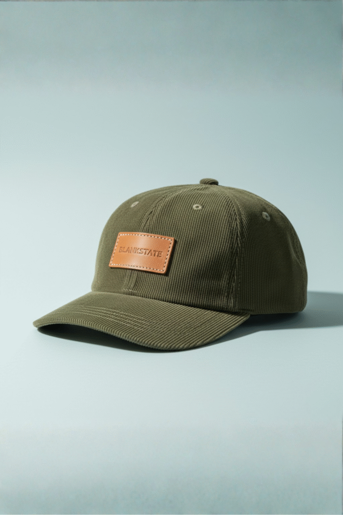Olive corduroy cap with small stitched leather patch on pale bluish background
