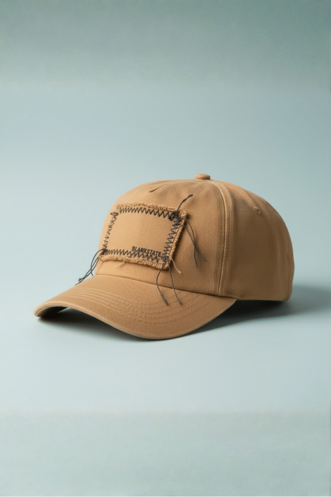 Camel raw-edge canvas cap with stitched rectangular patch on pale bluish background