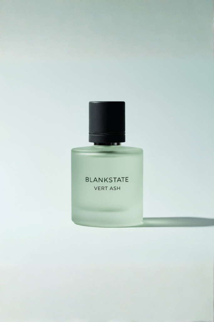 BLANKSTATE VERT ASH frosted muted-green tinted perfume bottle on pale bluish background